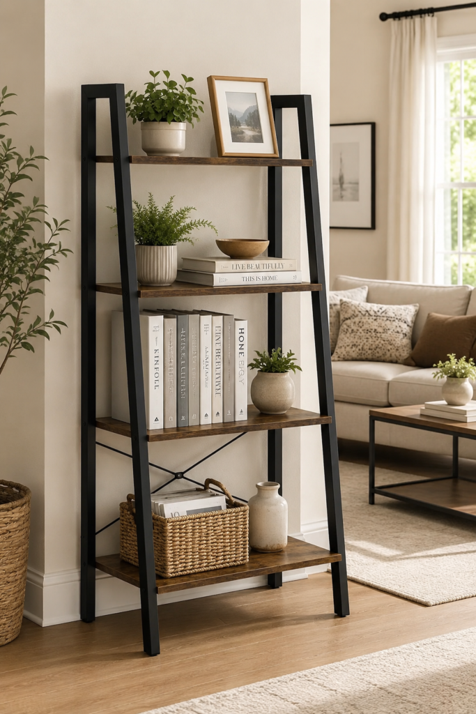 Black four-tier ladder shelf with books, baskets, plants, and decor in a small living room