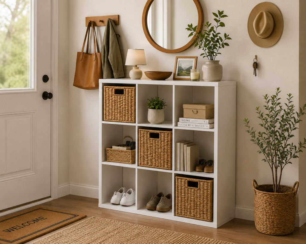 White cube organizer with baskets, shoes, and everyday essentials in a small apartment entryway