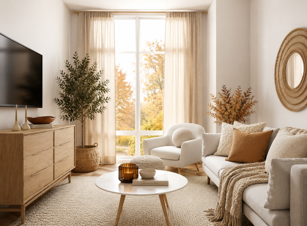 Fall apartment decor on a budget with warm neutral accents