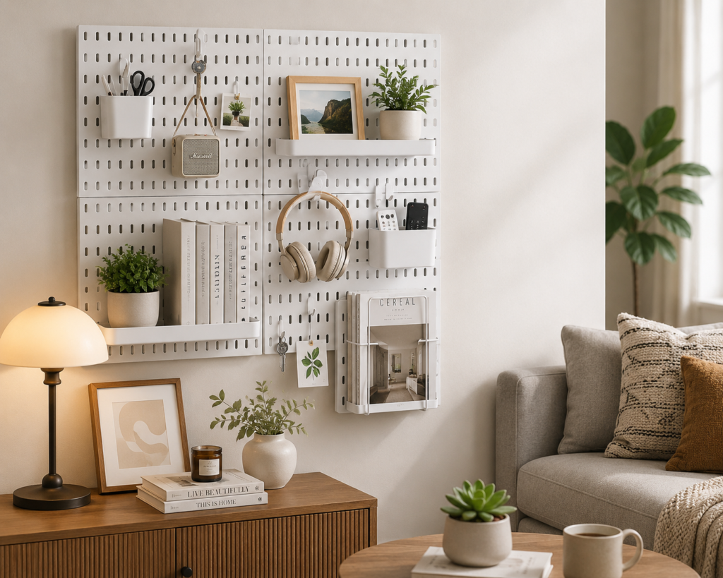 White pegboard organizer with shelves, hooks, baskets, books, headphones, and everyday essentials in a small living room