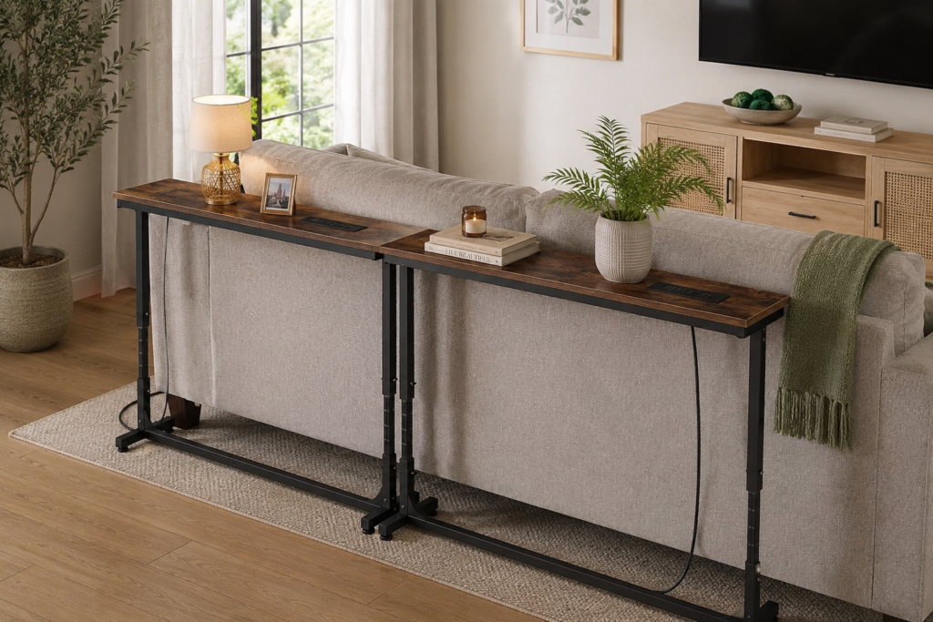 Slim adjustable console table placed behind a sofa in a small living room