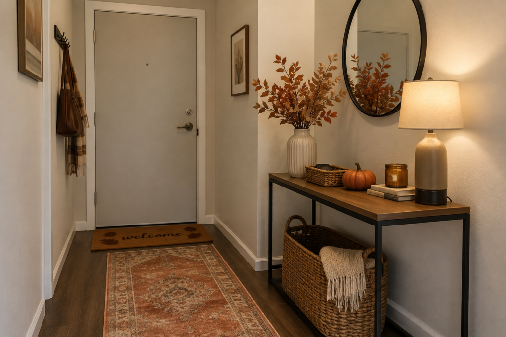 Small rental apartment entryway decorated for fall with a warm-toned lamp, vase, basket, runner, and subtle seasonal accents