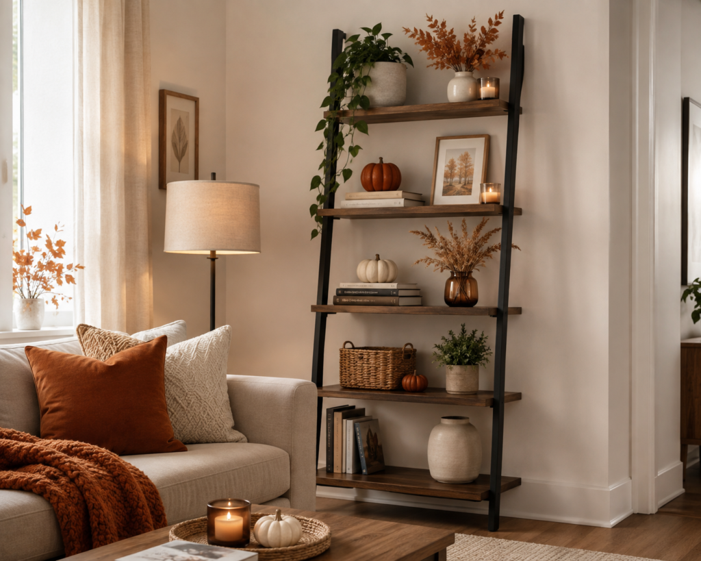 Small apartment living room with fall decor styled on a tall ladder shelf