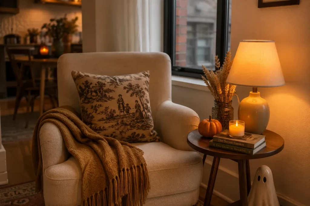 Cozy Halloween reading corner with a cream armchair, warm throw, pumpkin, candle, and ceramic ghost