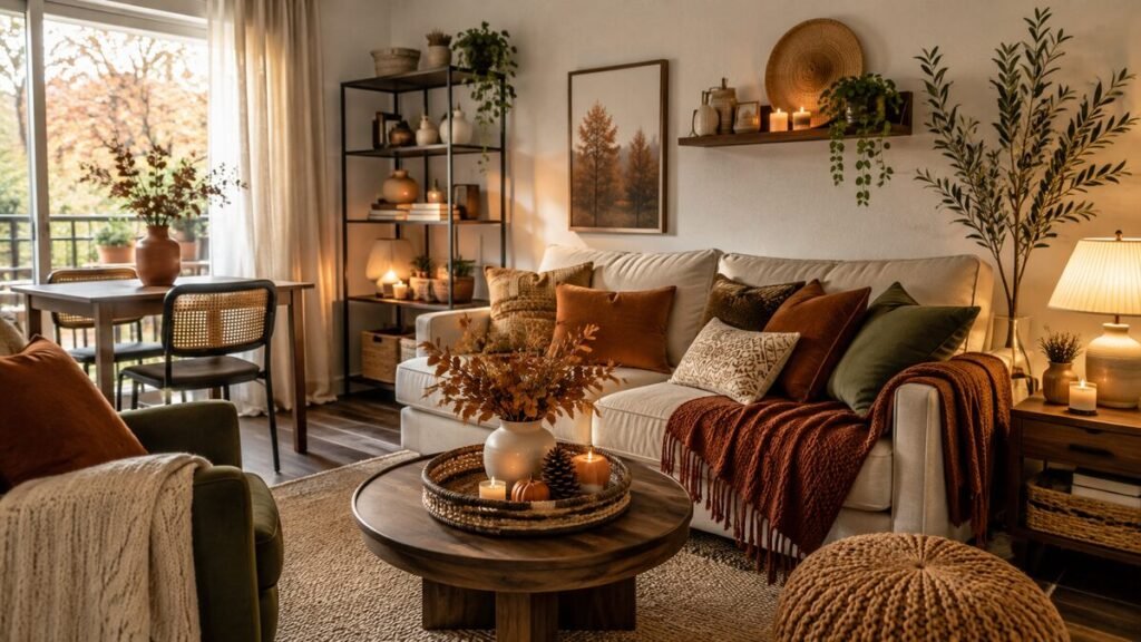 Cozy fall apartment with rust, olive, brown, and cream furnishings, layered textures, natural elements, and warm lighting