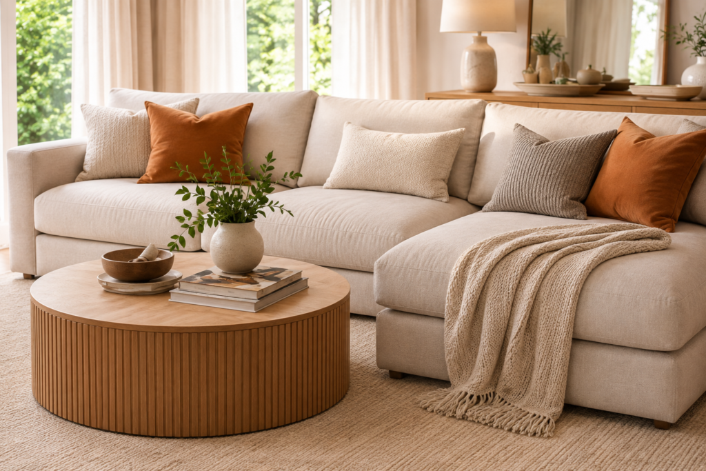 Neutral apartment living room styled with rust, camel, brown, and olive fall colors