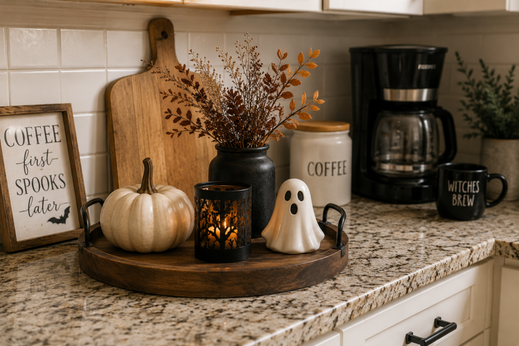Simple Halloween kitchen tray decor with a pumpkin, flameless candle, ghost and dried branches