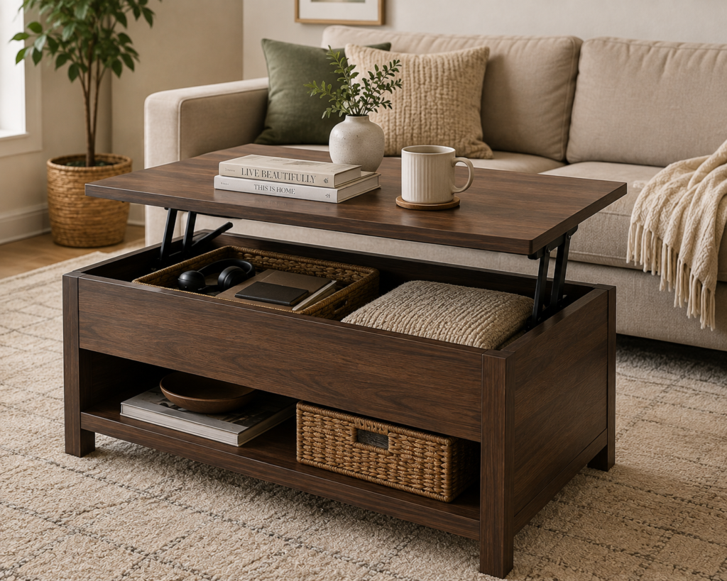 Coffee table with built-in storage compartments in a cozy small living room