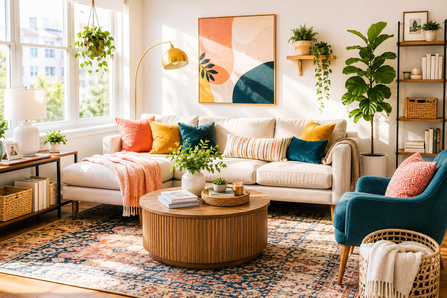vibrant cozy organized living room with storage ideas