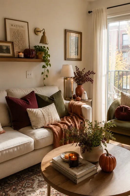 Neutral Halloween decor in a cozy apartment with terracotta, burgundy, olive green, cream, and brass accents