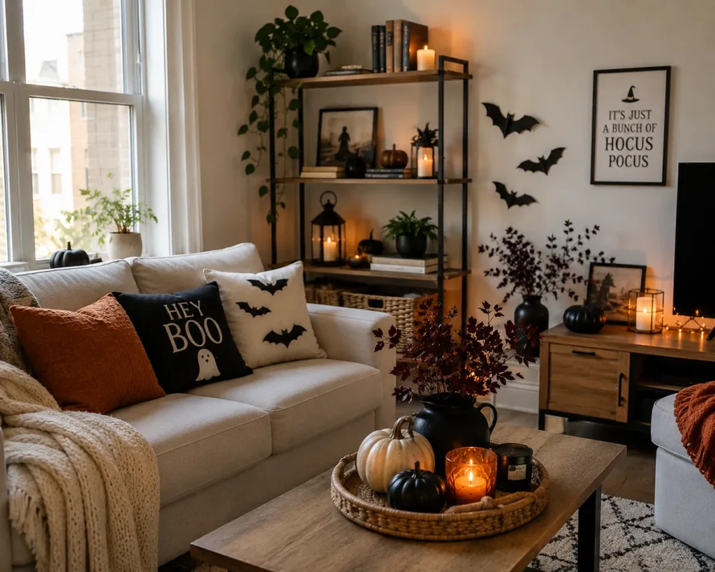 Renter-friendly Halloween decor ideas in a cozy apartment living room with pumpkins, bat accents, warm lighting, and seasonal pillows