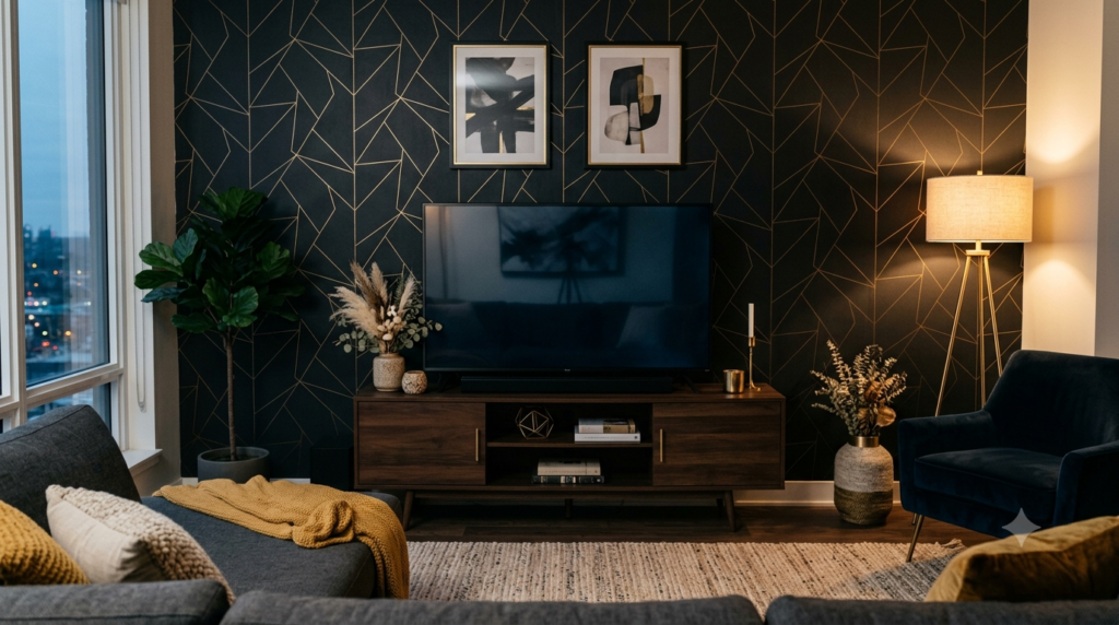 Rental friendly wallpaper in a living room with a black geometric accent wall