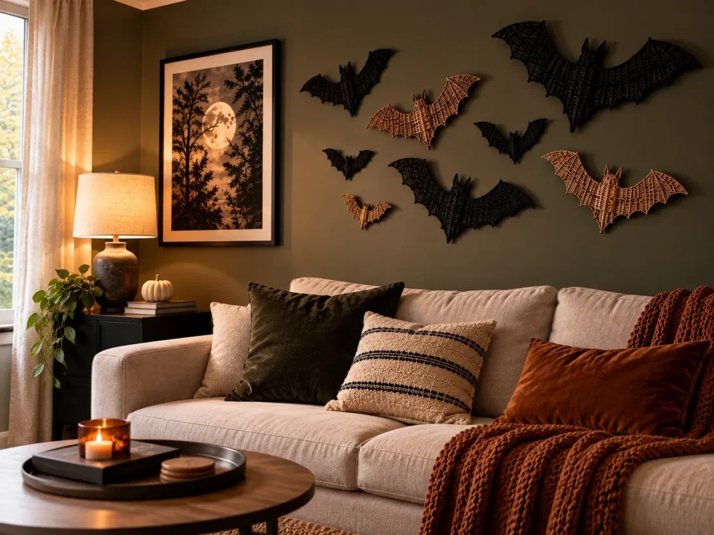 Apartment Halloween decor 2026 with woven bat wall art above a sofa on a dark olive accent wall