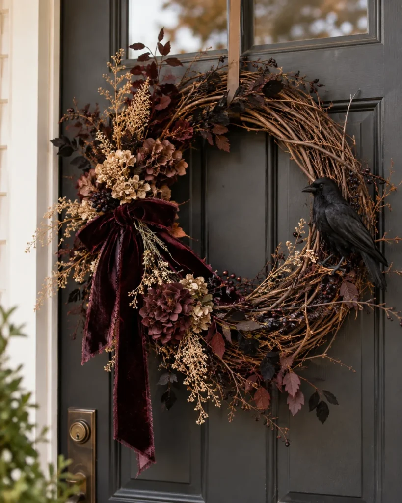 Apartment Halloween decor 2026 with a DIY grapevine wreath, burgundy ribbon, dried flowers, and black crow