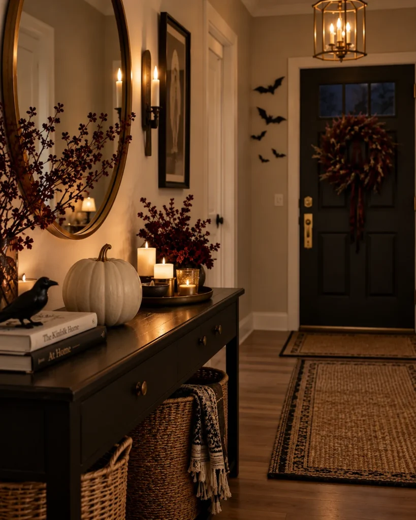 Apartment Halloween decor 2026 in a moody entryway with a neutral pumpkin, dried branches, candles, bats, and a burgundy wreath