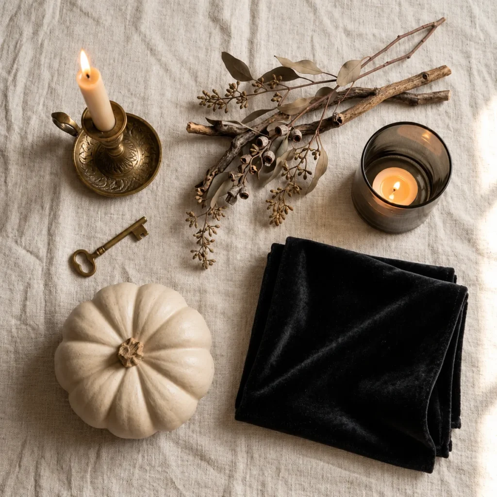 Apartment Halloween decor 2026 with aged brass, dried branches, neutral pumpkin, black velvet, and warm candlelight