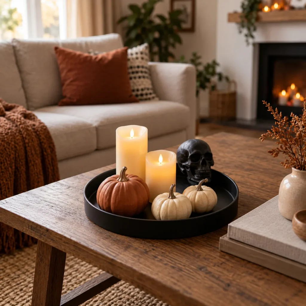 Apartment Halloween decor 2026 with pumpkins, candles, and a black skull arranged on a coffee table