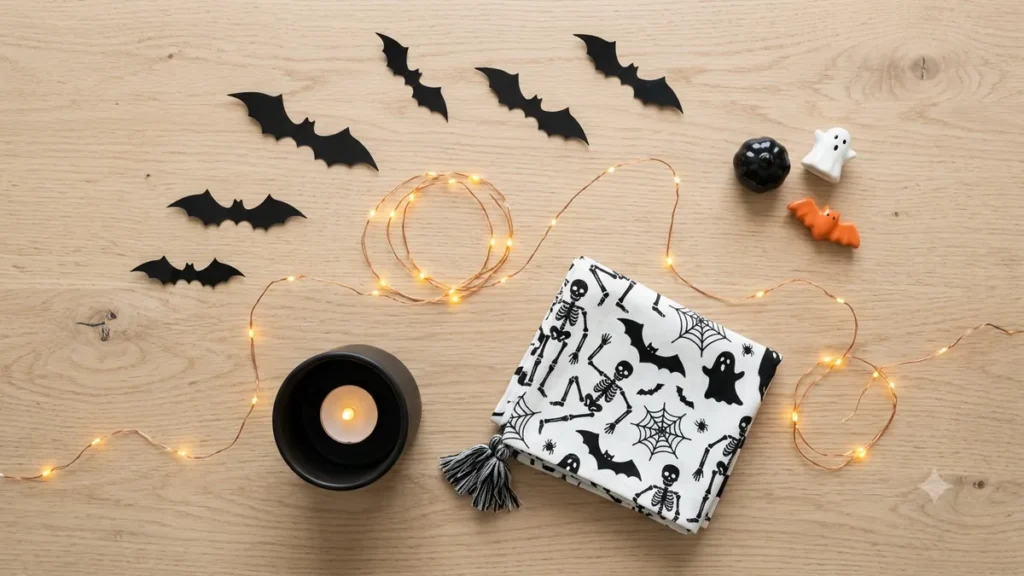 A budget-friendly Halloween decor setup for renters, featuring small bat decals, fairy lights, and festive textiles on a wood surface.