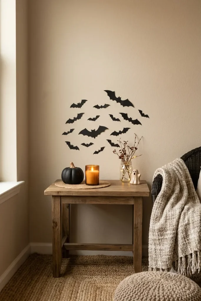 A budget-friendly Halloween decor setup for renters, featuring damage-free black bat wall decals and a cozy table with a lit candle and black pumpkin in an apartment corner.