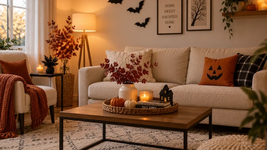 Budget-friendly Halloween decor in a cozy renter-friendly living room