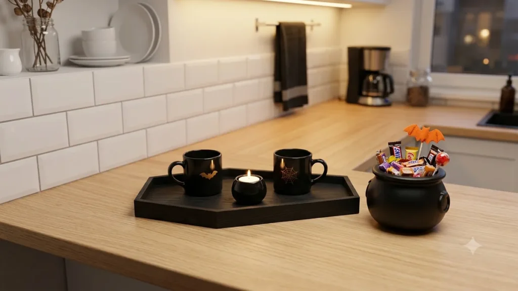 A budget-friendly Halloween decor setup on a kitchen counter, ideal for renters, featuring two black mugs and a cauldron of candy on a tray.