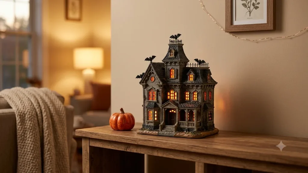 A lit gothic haunted house decoration on a wooden console table, an affordable and damage-free Halloween decor option for renters in a cozy apartment.
