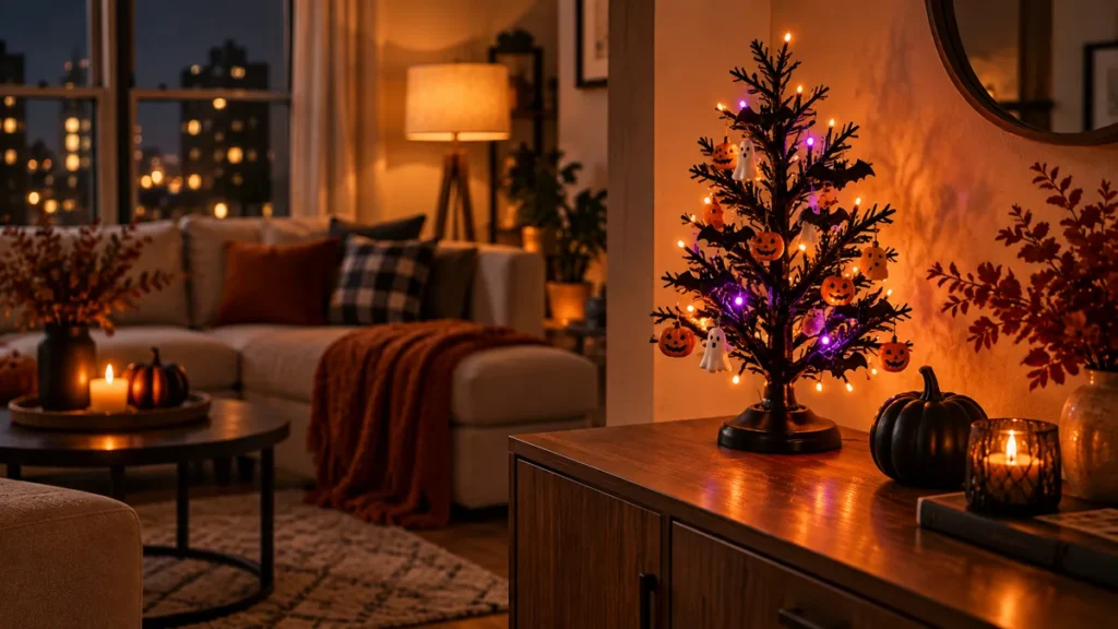 Budget-friendly Halloween decor with a small lighted Halloween tree on a console table