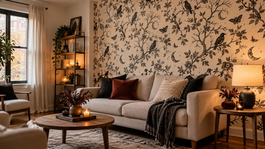 Halloween wallpaper for small apartments accent wall with vintage raven and botanical print behind a beige sofa in a living room