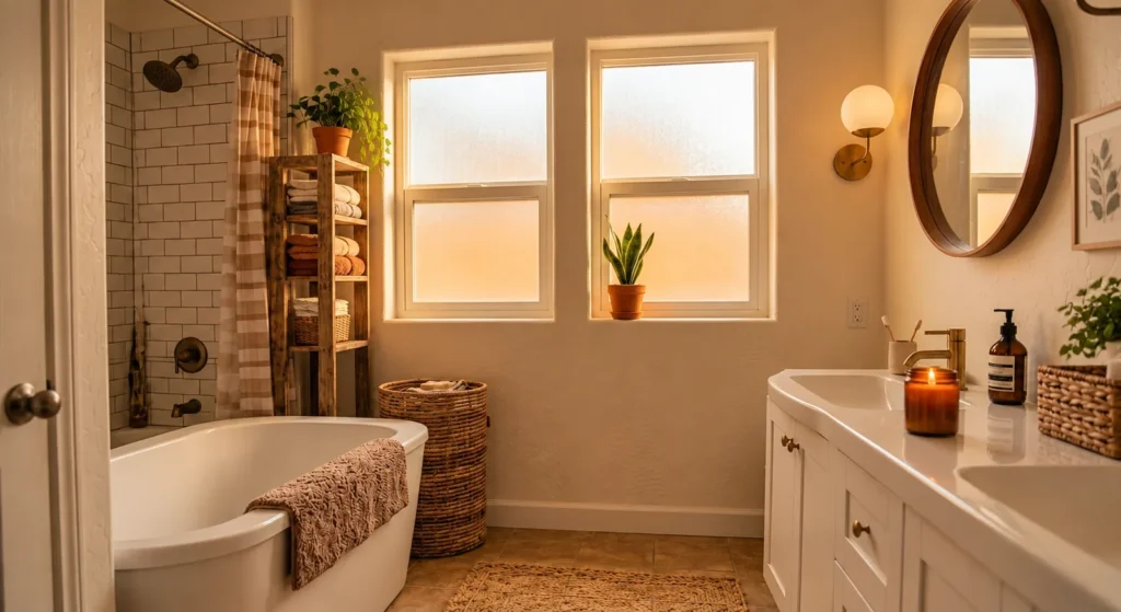 How to make your rental bathroom feel cozy — warm lighting, towels, plants, baskets, and a candle