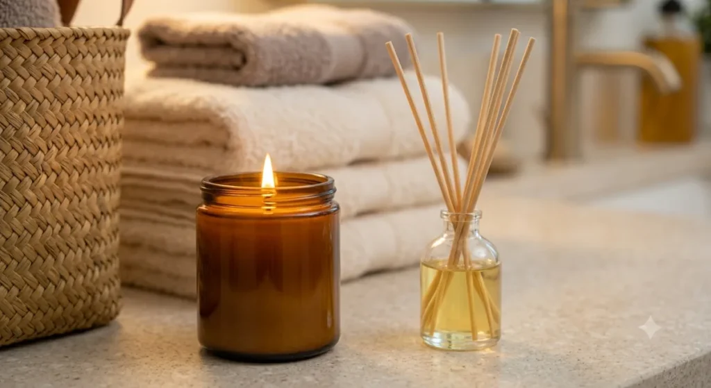 Amber candle and reed diffuser creating a cozy bathroom fragrance setting