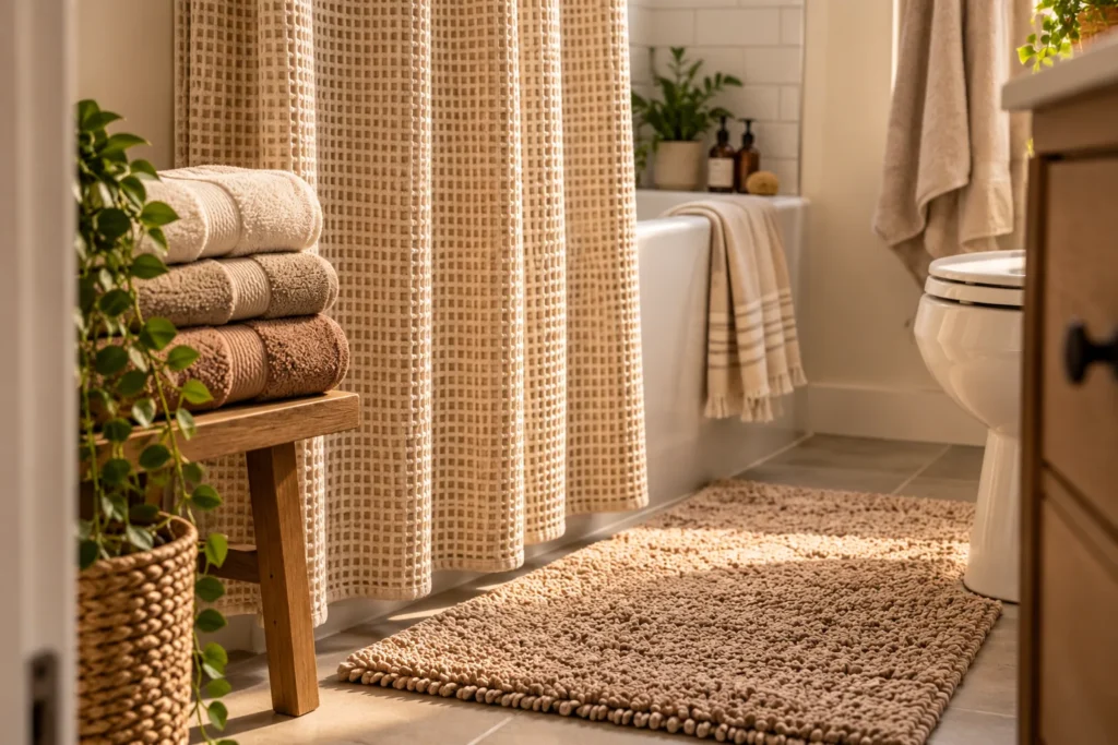 Waffle shower curtain, folded neutral towels, and plush bath mat in a cozy rental bathroom