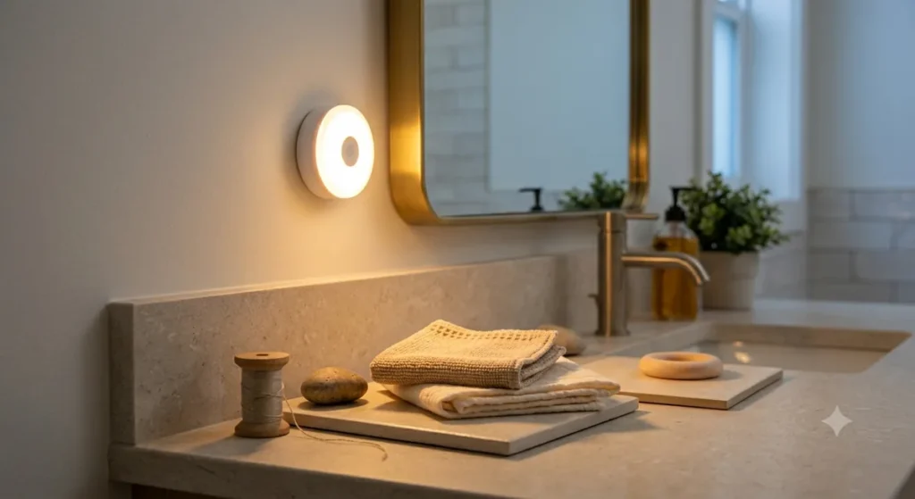 Warm battery-operated bathroom light beside a mirror