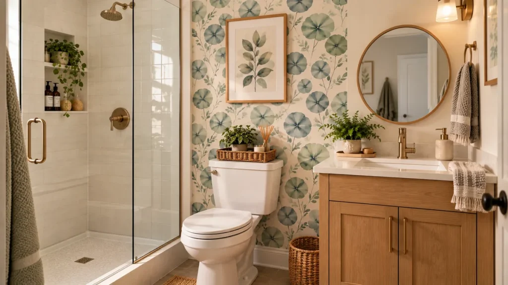 Rental friendly wallpaper in a small bathroom with a botanical accent wall