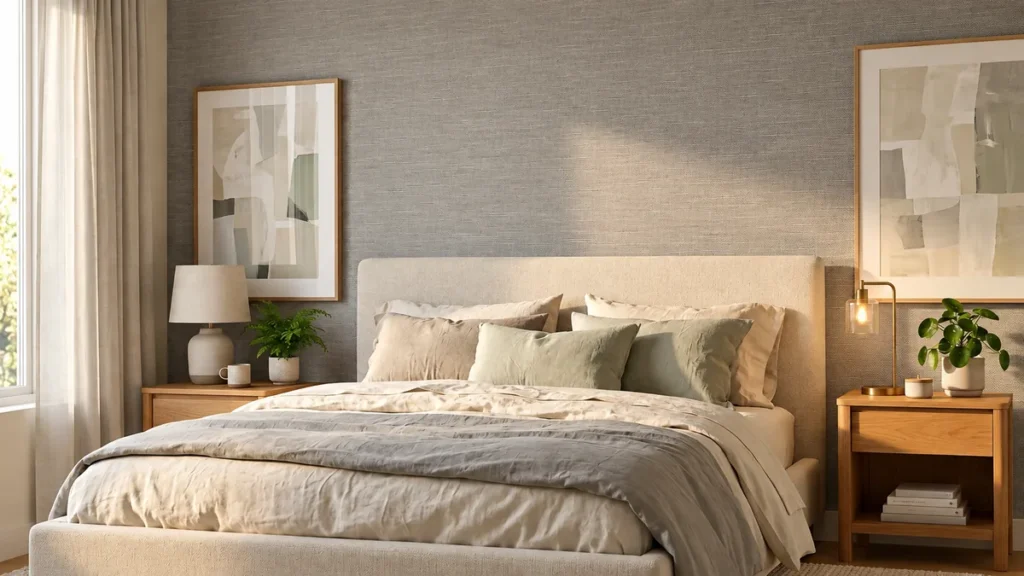Rental friendly wallpaper in a cozy bedroom with a gray grasscloth accent wall