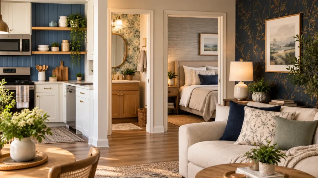 Rental friendly wallpaper ideas by room in a cozy apartment