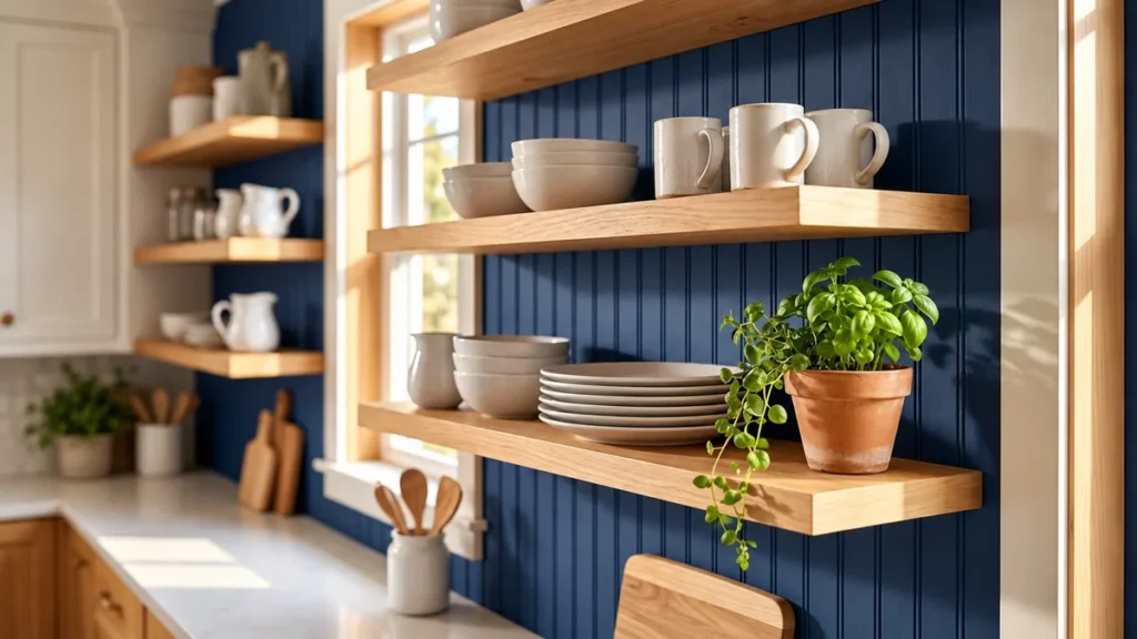 Rental friendly wallpaper in a navy beadboard kitchen